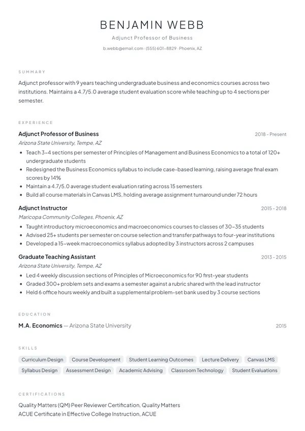 Adjunct Professor resume example — full one-page sample