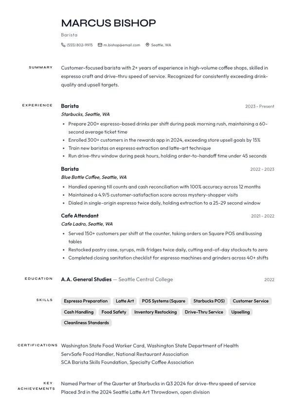 Barista resume example โ full one-page sample