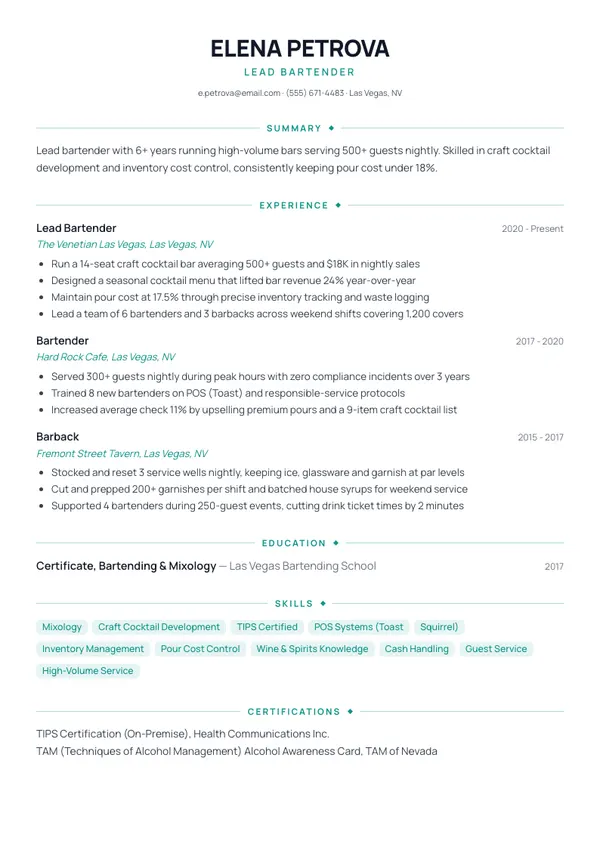 Bartender resume example โ full one-page sample