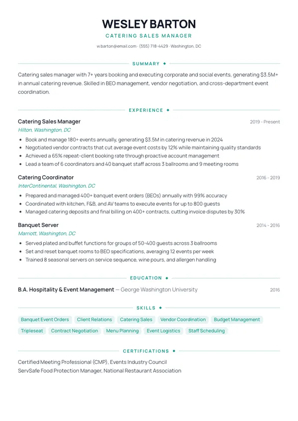 Catering Manager resume example โ full one-page sample