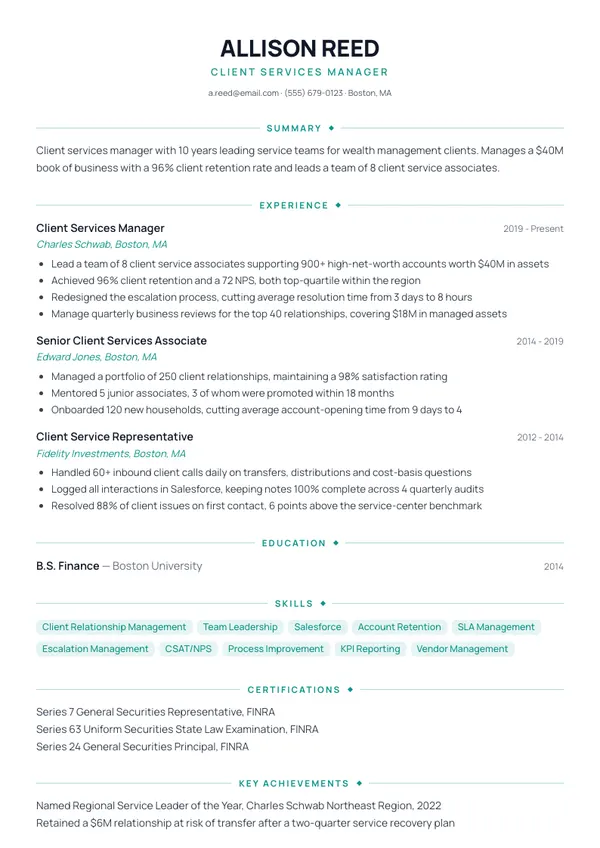 Client Services Manager resume example โ full one-page sample