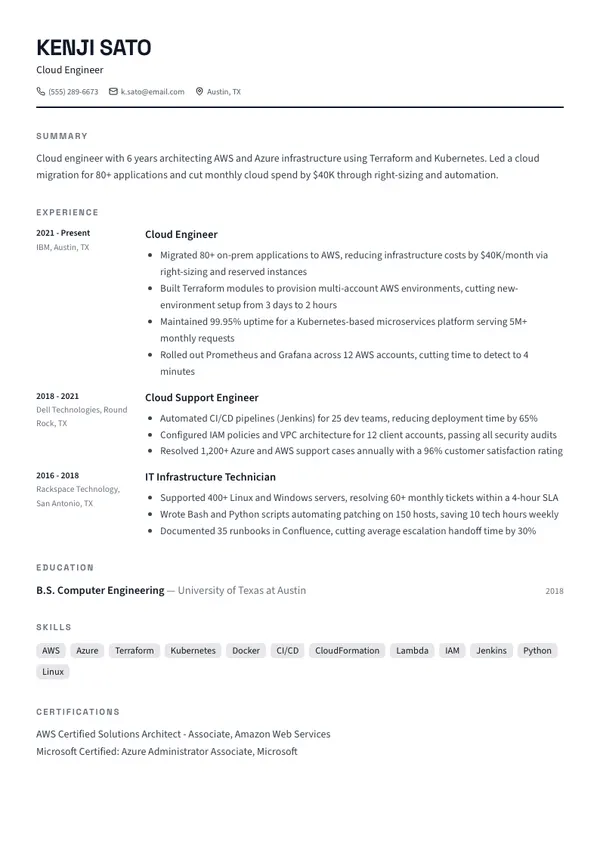 Cloud Engineer resume example — full one-page sample
