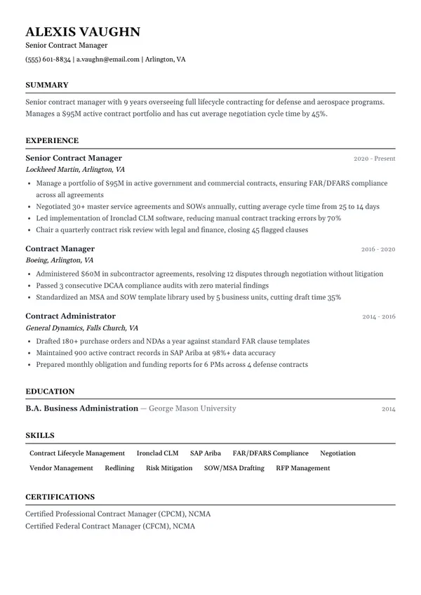 Contract Manager resume example — full one-page sample