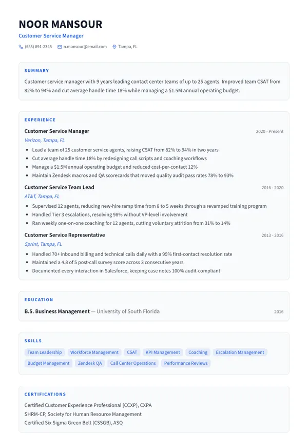 Customer Service Manager resume example โ full one-page sample