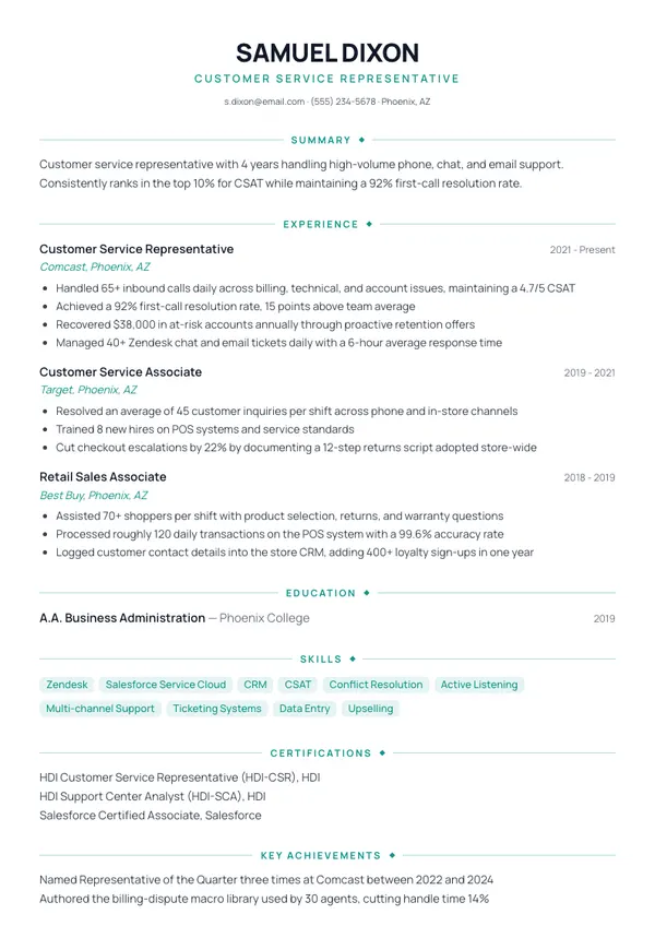 Customer Service Representative resume example โ full one-page sample