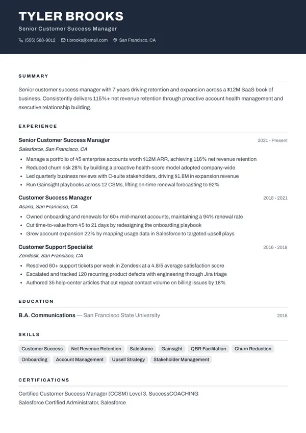 Customer Success Manager resume example โ full one-page sample