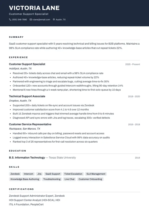 Customer Support Specialist resume example โ full one-page sample