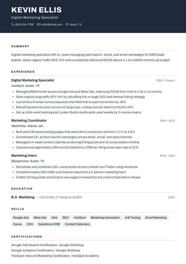 Digital Marketing Specialist resume example — full one-page sample