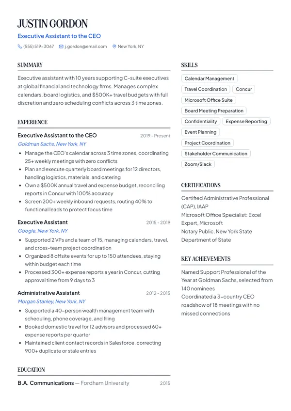 Executive Assistant resume example — full one-page sample