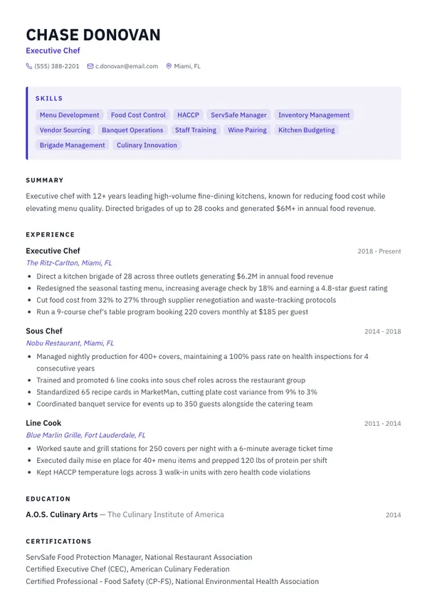 Executive Chef resume example โ full one-page sample