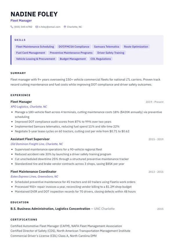 Fleet Manager resume example — full one-page sample