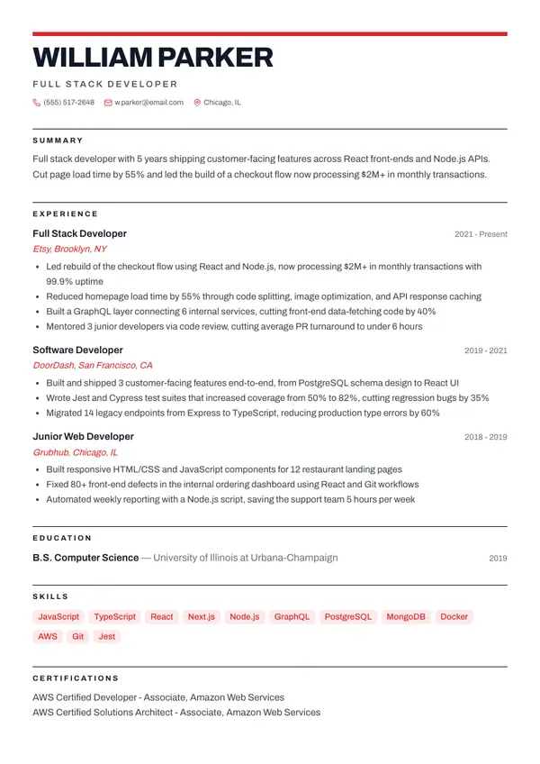 Full Stack Developer resume example — full one-page sample