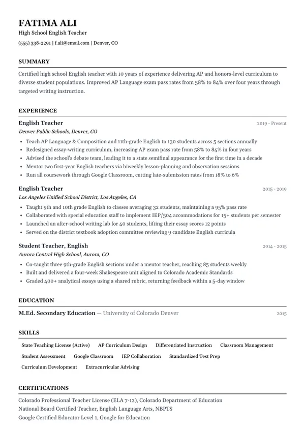 High School Teacher resume example — full one-page sample