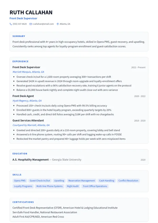 Hotel Front Desk Agent resume example โ full one-page sample