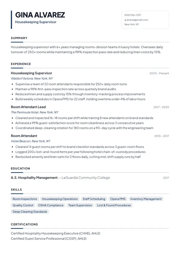 Housekeeping Supervisor resume example โ full one-page sample