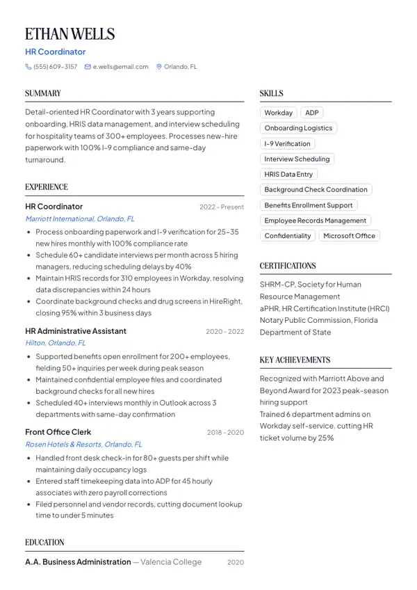 HR Coordinator resume example — full one-page sample
