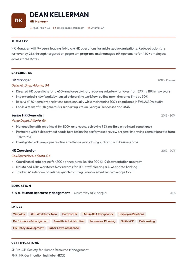 HR Manager resume example — full one-page sample