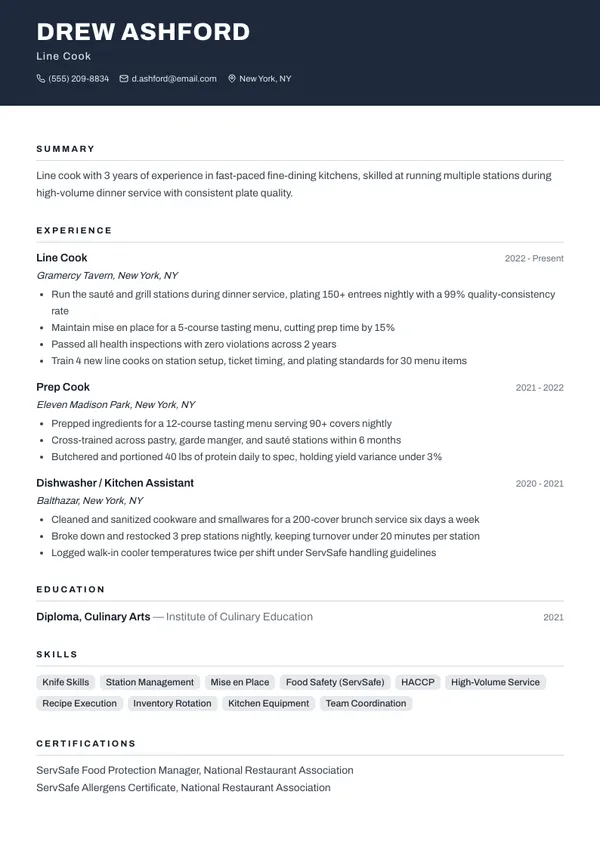 Line Cook resume example โ full one-page sample