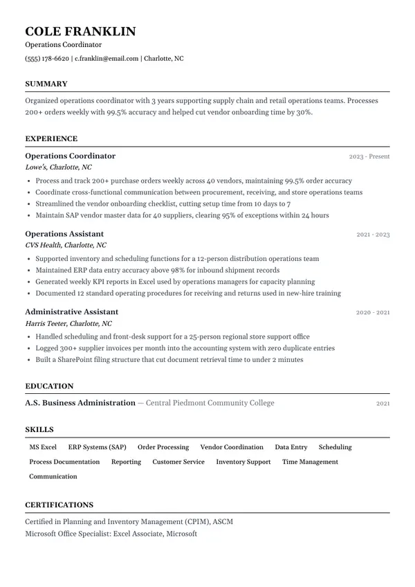 Operations Coordinator resume example — full one-page sample