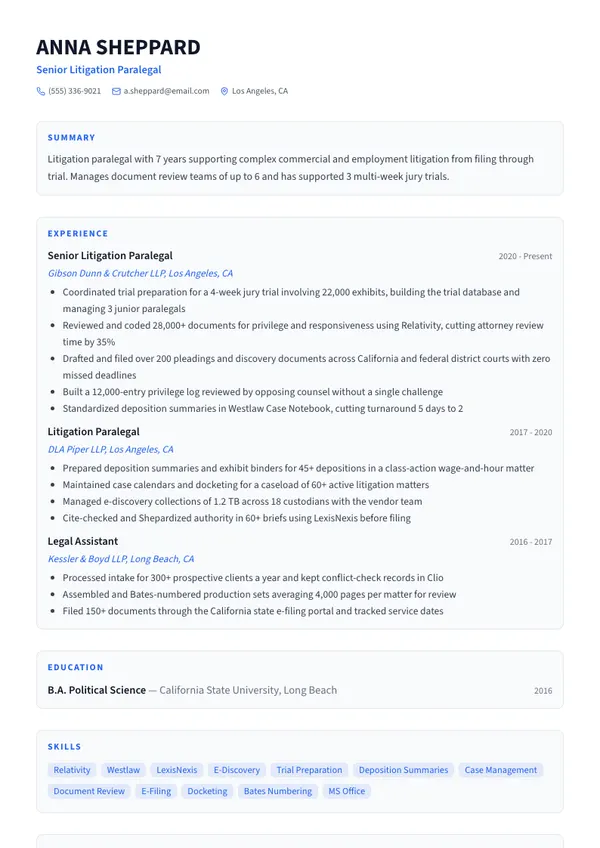 Paralegal resume example — full one-page sample