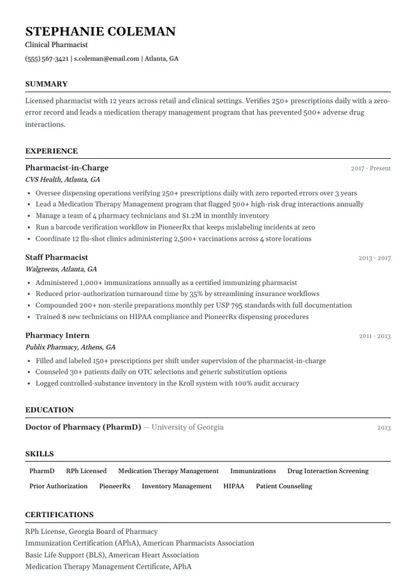 Pharmacist resume example — full one-page sample