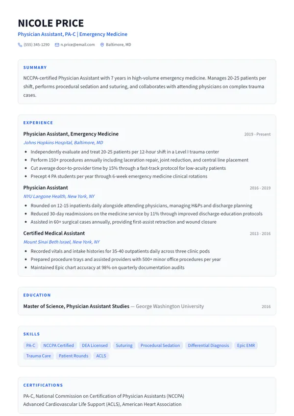 Physician Assistant resume example — full one-page sample