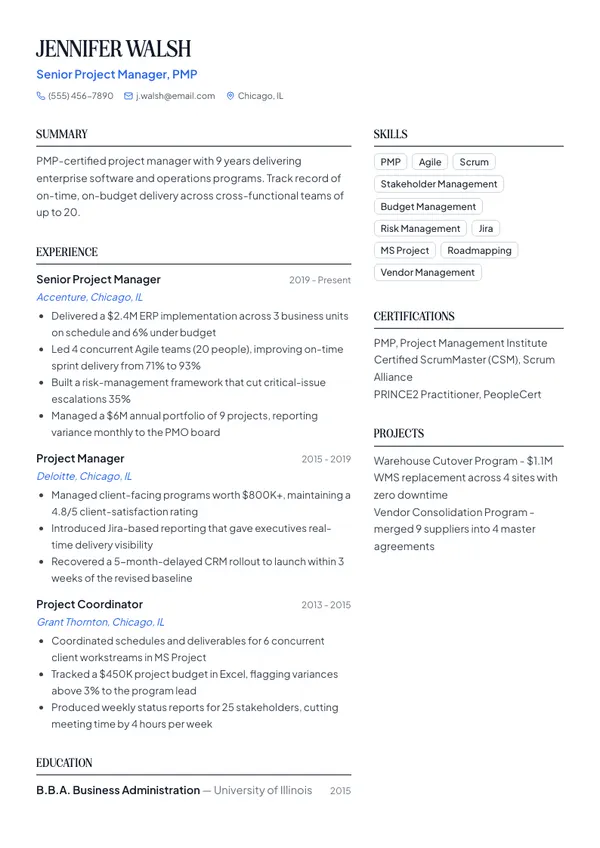 Project Manager resume example — full one-page sample