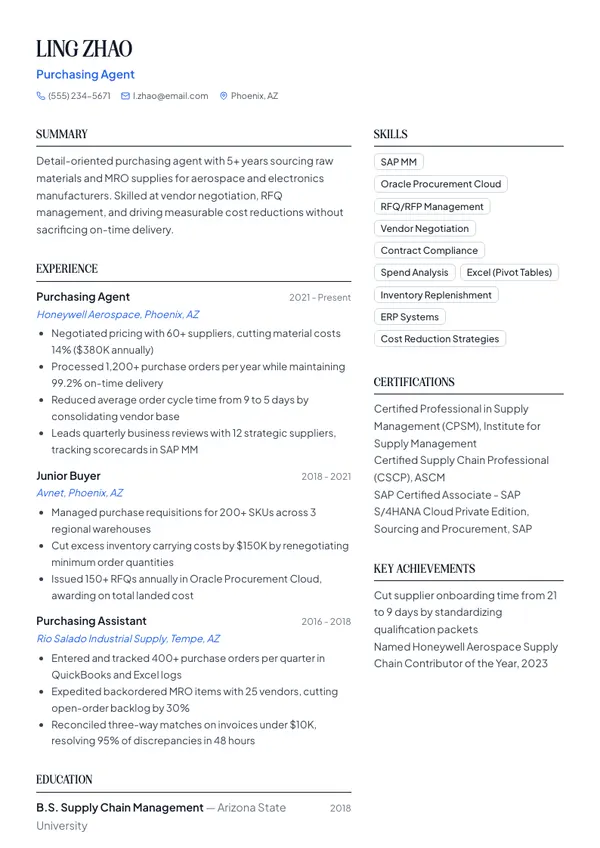 Purchasing Agent resume example — full one-page sample