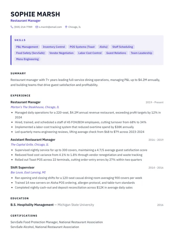 Restaurant Manager resume example โ full one-page sample