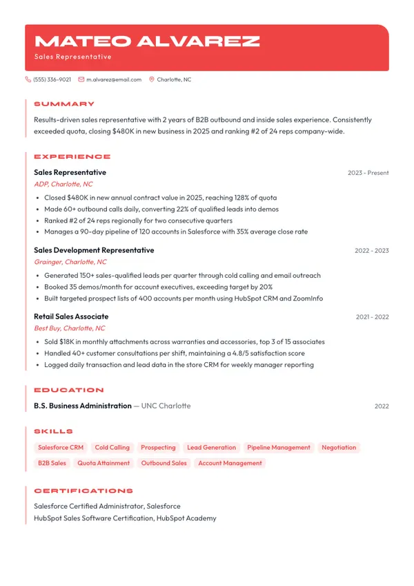 Sales Representative resume example — full one-page sample