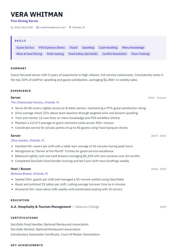 Server resume example โ full one-page sample