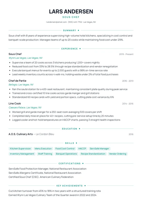 Sous Chef resume example โ full one-page sample