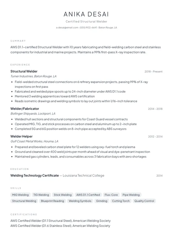 Welder resume example — full one-page sample