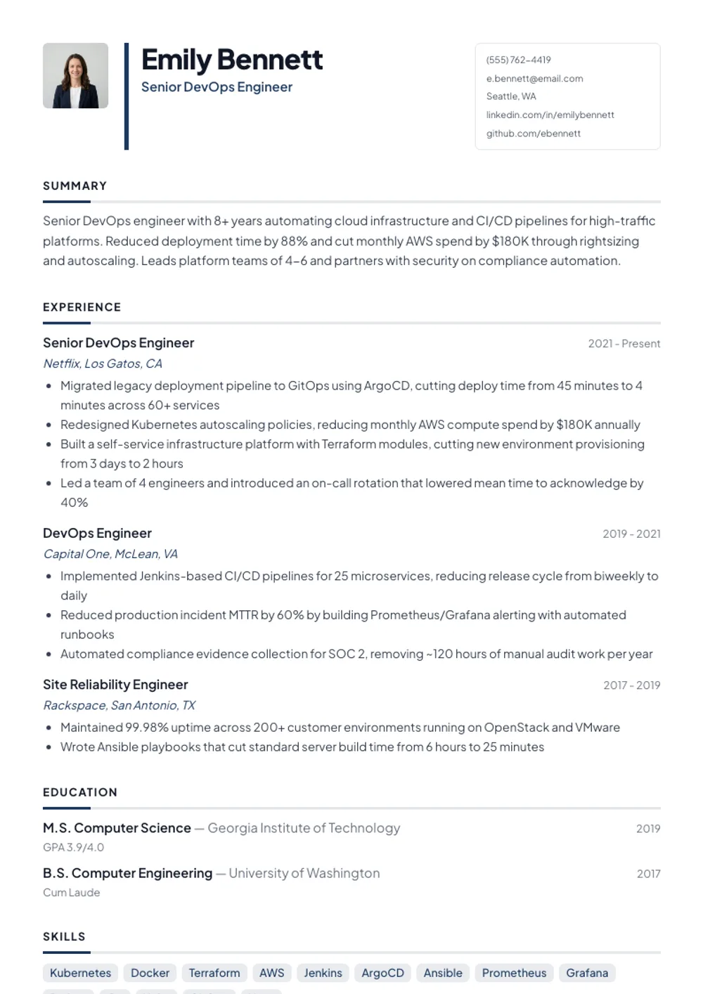 Modern resume template — filled example