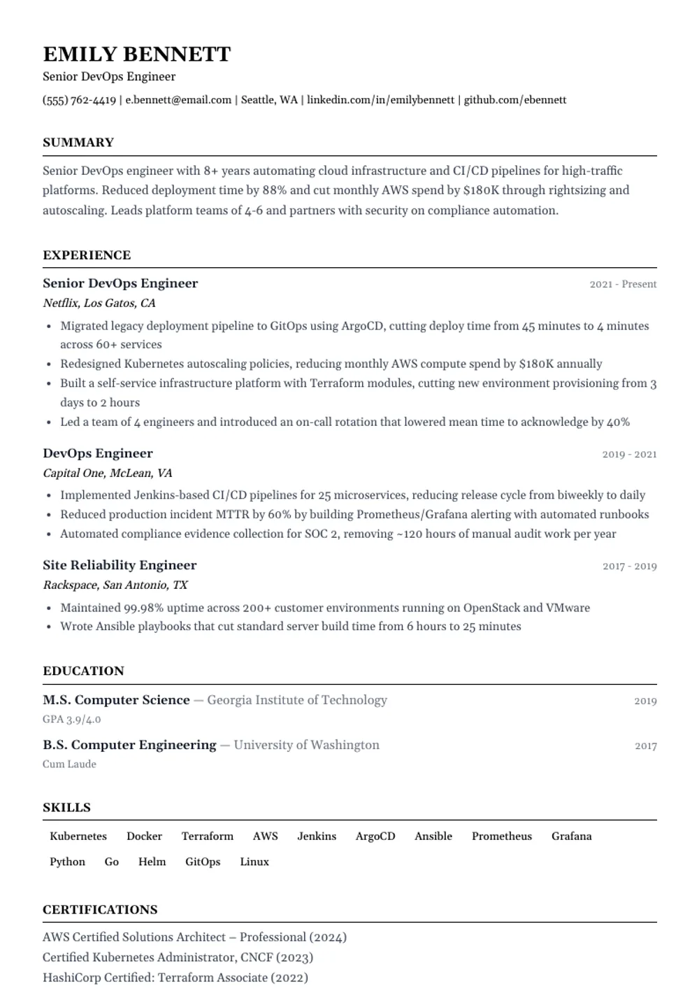 Pure ATS resume template — filled example